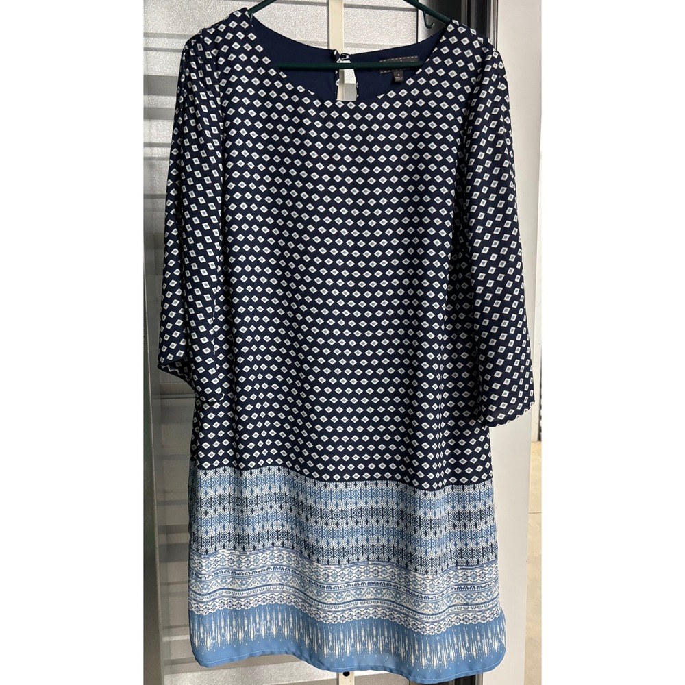 Luxology Navy Blue White Geometric Diamond Print Shift Dress